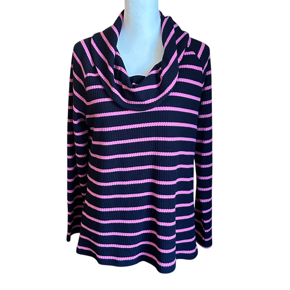 Talbots Top Women's Large Navy Pink Striped Long Sleeve Cowl Neck Waffle Knit